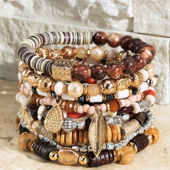 Jewelry - Coconut Mixed Beads Wood Metal Glass Stretch Stackable Bracelet Set w/ Leaf